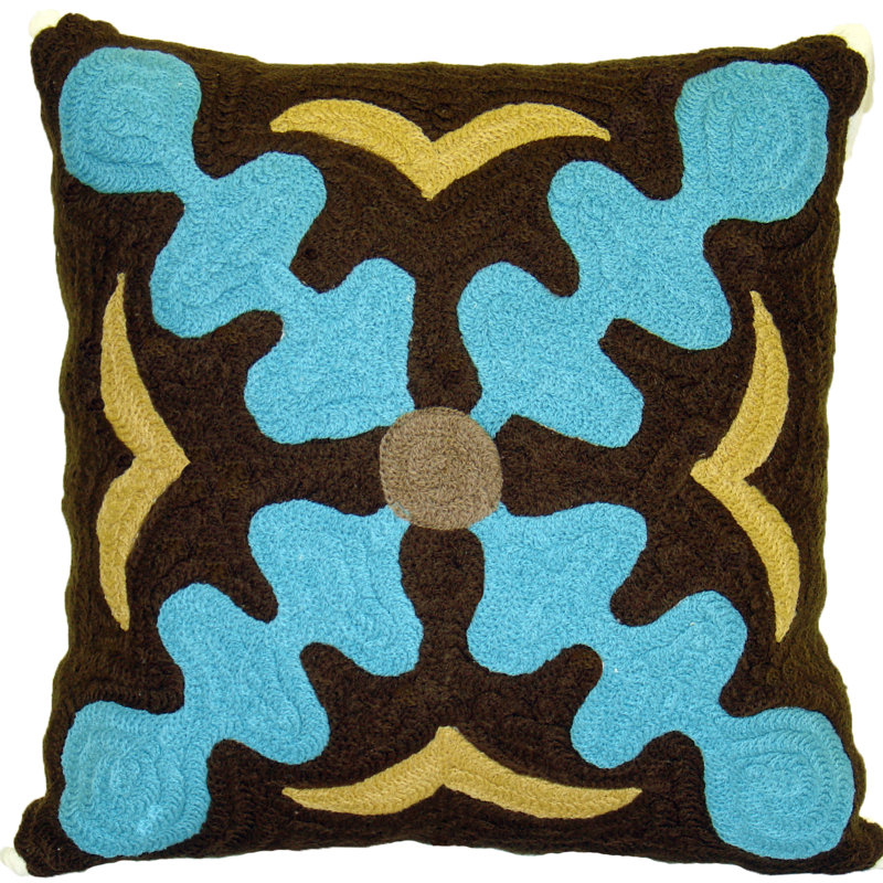 Embroidered Throw Pillow, Turquoise/Brown/Gold
