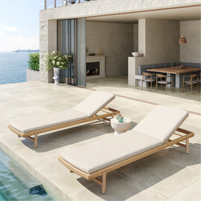 Chaise longue de patio en bois d'acacia avec coussin, ensemble de 2