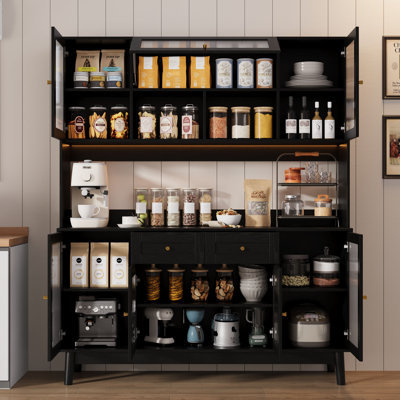 71" Kitchen Pantry Cabinet With Hutch, Freestanding Buffet With Fluted Glass Doors, LED Light by Ophelia & Co.