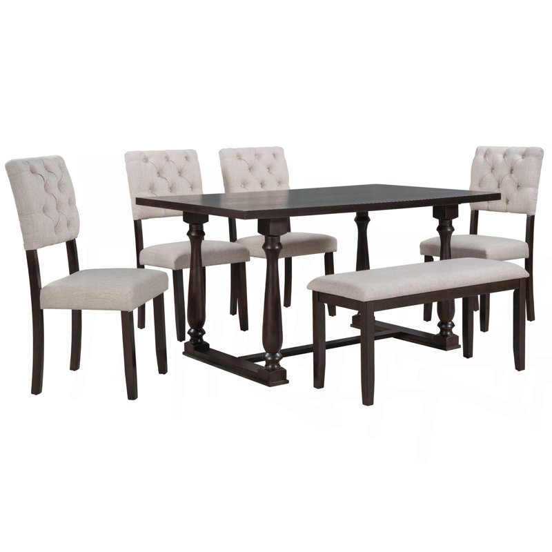Ensemble 6 pièces de table et chaises de salle à manger avec pieds de forme spéciale et dossiers et coussins recouverts de mousse pour la salle à manger
