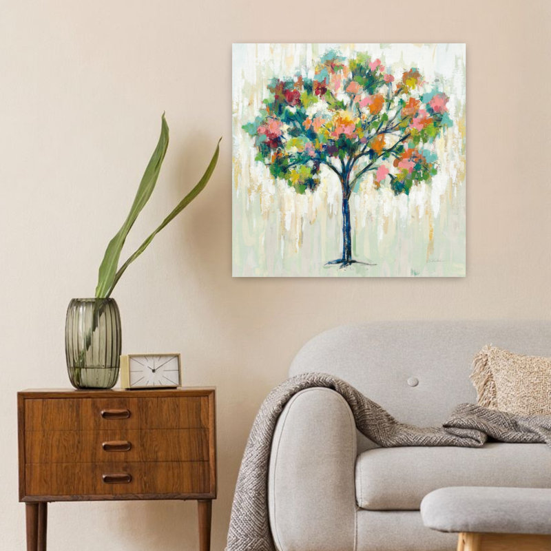 Art contemporain contemporain avec arbre en fleurs neutre et arbres, H 24 po x l 24 po