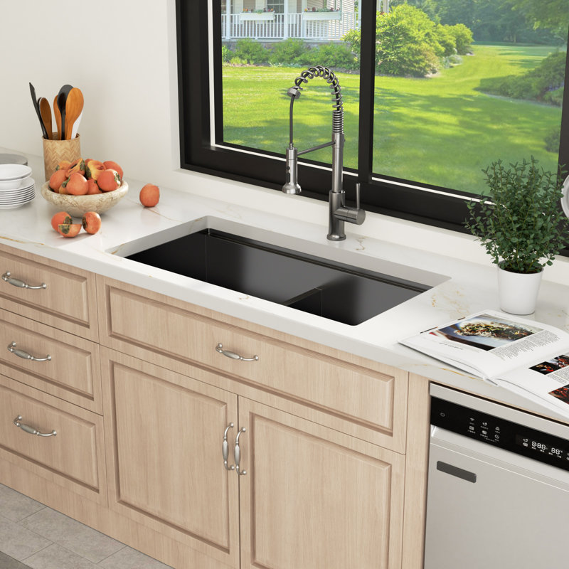 33" L X 19" W Undermount Double Bowl Kitchen Sink With Low Divider Ledge Workstation Sinks, Gunmetal Black
