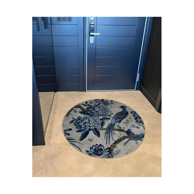 Blue Beige Theme Round Woven Base Modern Decorative Carpet With Bird And Flower Pattern On Tree Branch, Round 4'