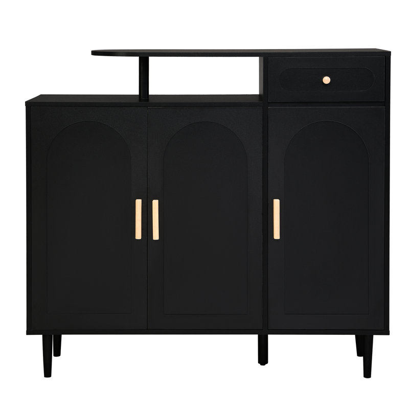 Buffet avec tiroir et tablettes réglables, étagères arquées de rangement pour chaussures noires chic. Grand espace de travail, fabrication de panneaux de particules