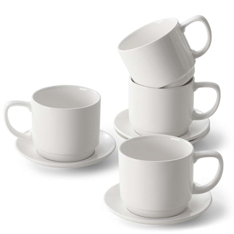 Ensemble de 4 tasses à café en céramique blanches avec soucoupes, capacité de 12 onces