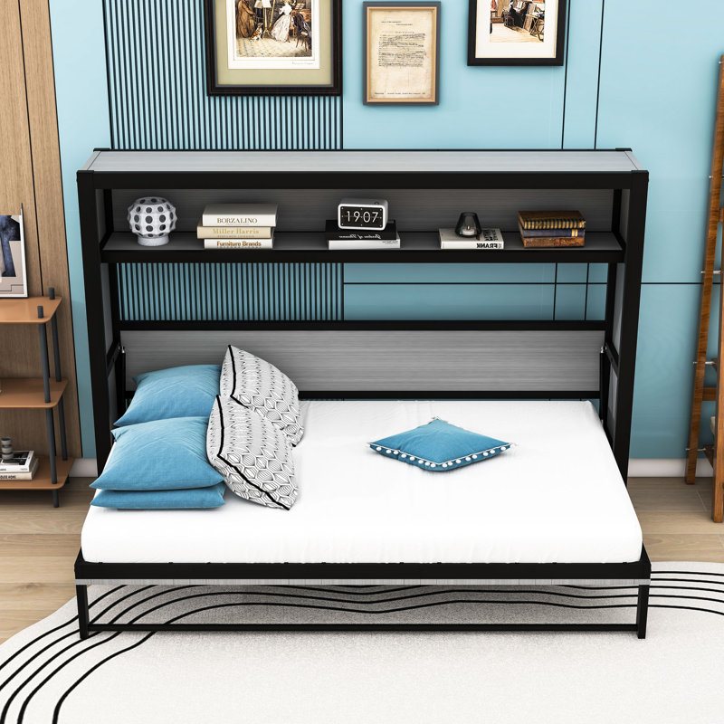 Lit escamotable simple en bois avec tablettes, gris