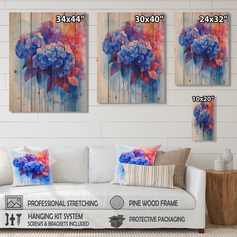 Hortensia bleu et rouge dans un style graffiti Hydrangea I - décoration murale en bois d'hortensia - sur bois de pin naturel