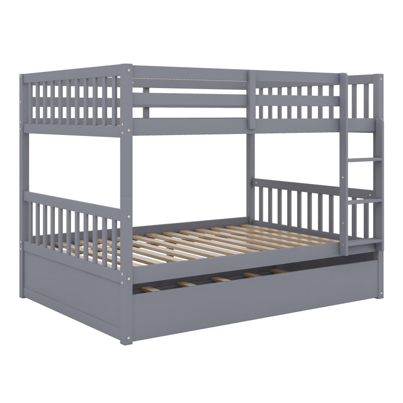 Bunk Bed with Trundle, Ladder and Guardrails, Convertible to Two Individual Bed