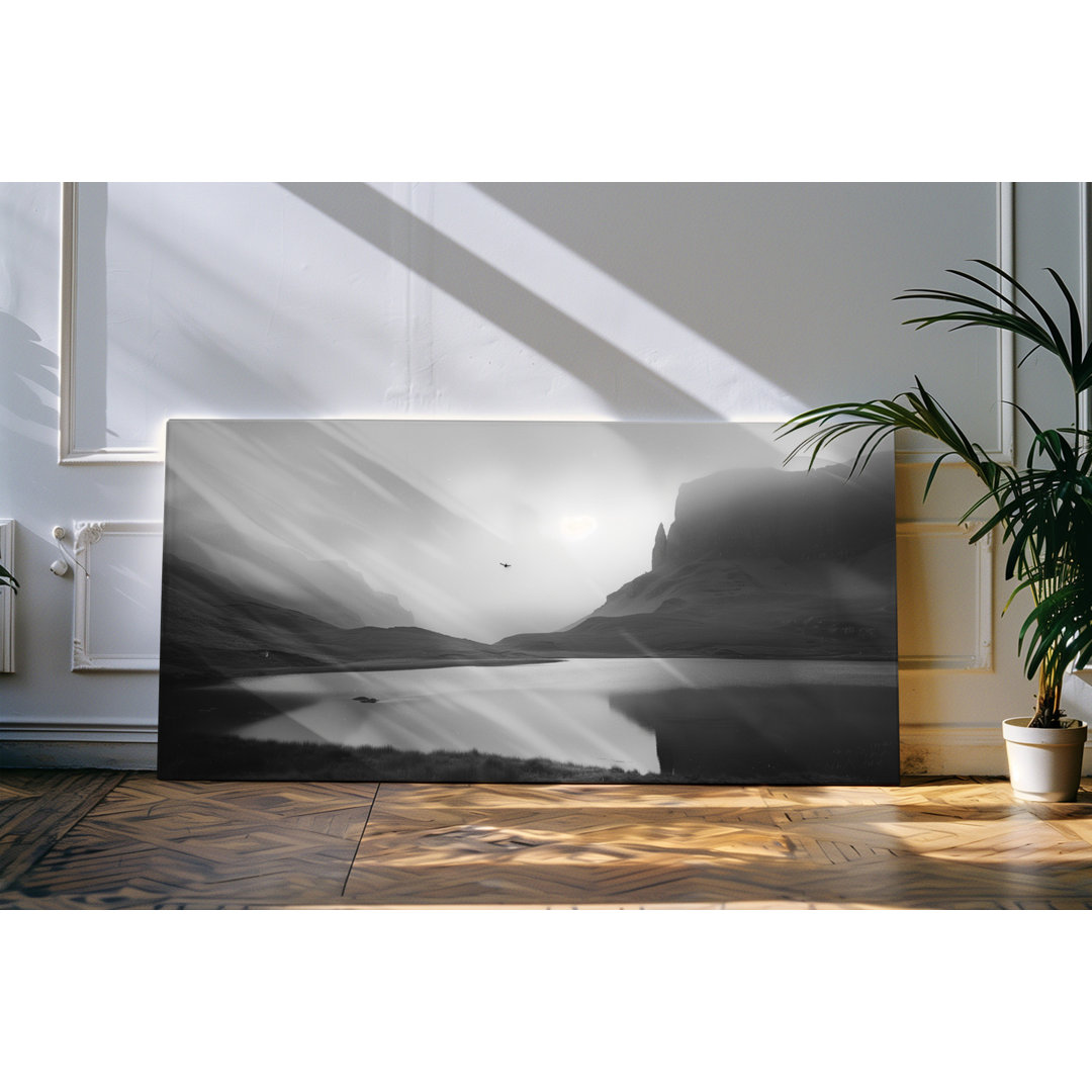 Gerahmtes Bild auf Leinwand 120x60cm Berge Felsen Klippen Schwarz Weiß See Natur