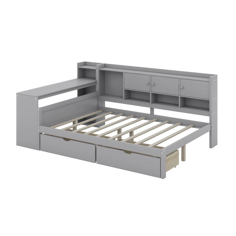 Wooden L-Shape Daybed With Cabinets & Drawers, Multi-Functional Study Desk & Built-In Bookshelf, Full/Double