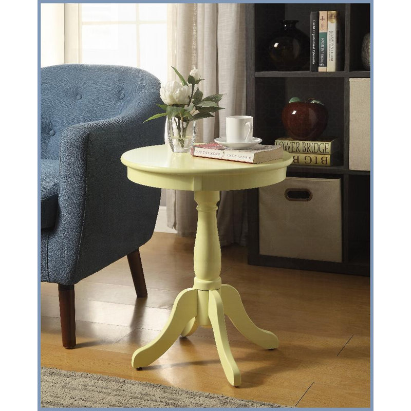 Table basse transitionnelle jaune clair avec piédestal rond 4 pieds, assemblage facile pour le salon