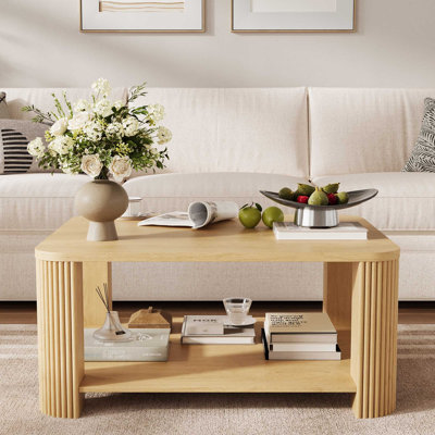 Coffee Table with Fluted Legs and Open Storage Shelf, Modern Rectangular Design, Natural Wood-Grain Finish