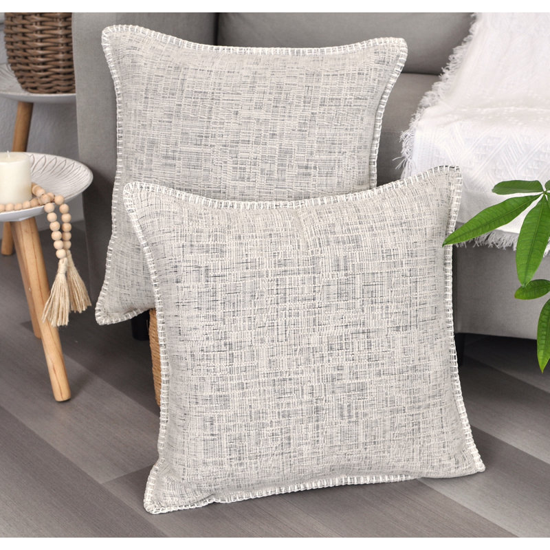 Cream White Chenille Square Throw Pillow Covers with Piped Edges, Set of 2