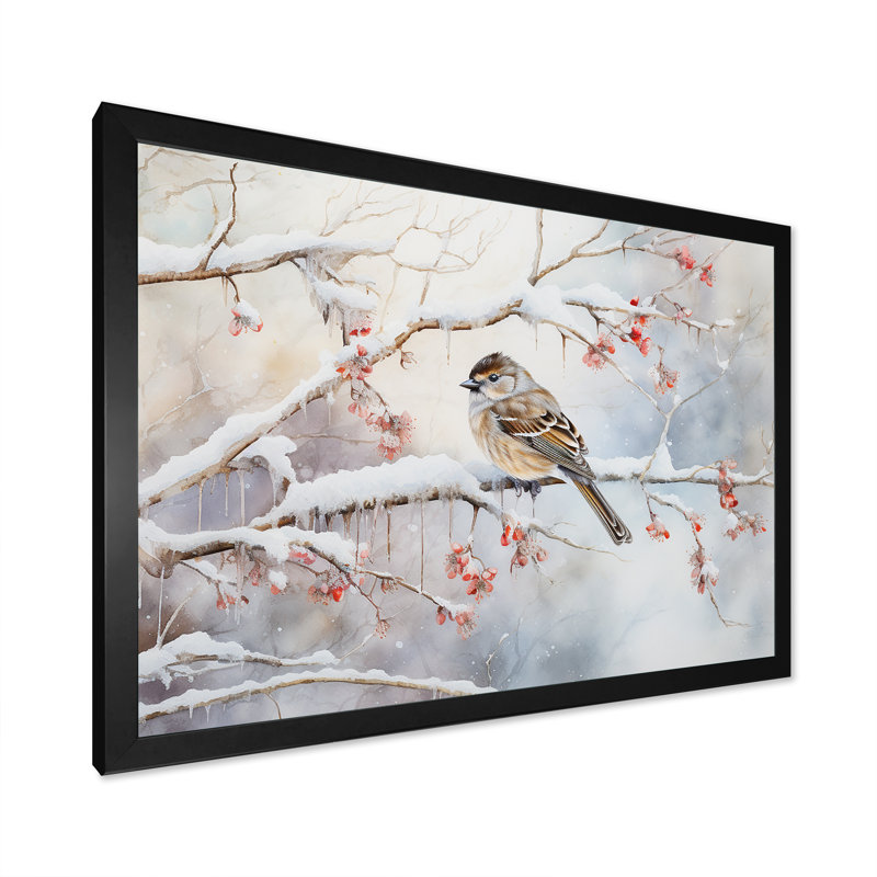 «Winter Snowy Bird Charm Landscape», art mural neige, Cadre simple noir, H 16 po x l 32 po x P 1 po