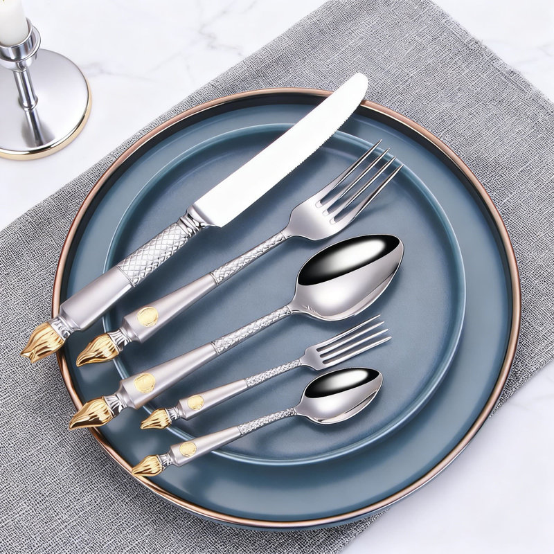 Ensemble de couteaux à steak 20 pièces avec cuillère à thé et fourchette, ensemble de couverts Western en acier inoxydable 304 plaqué or 24 carats