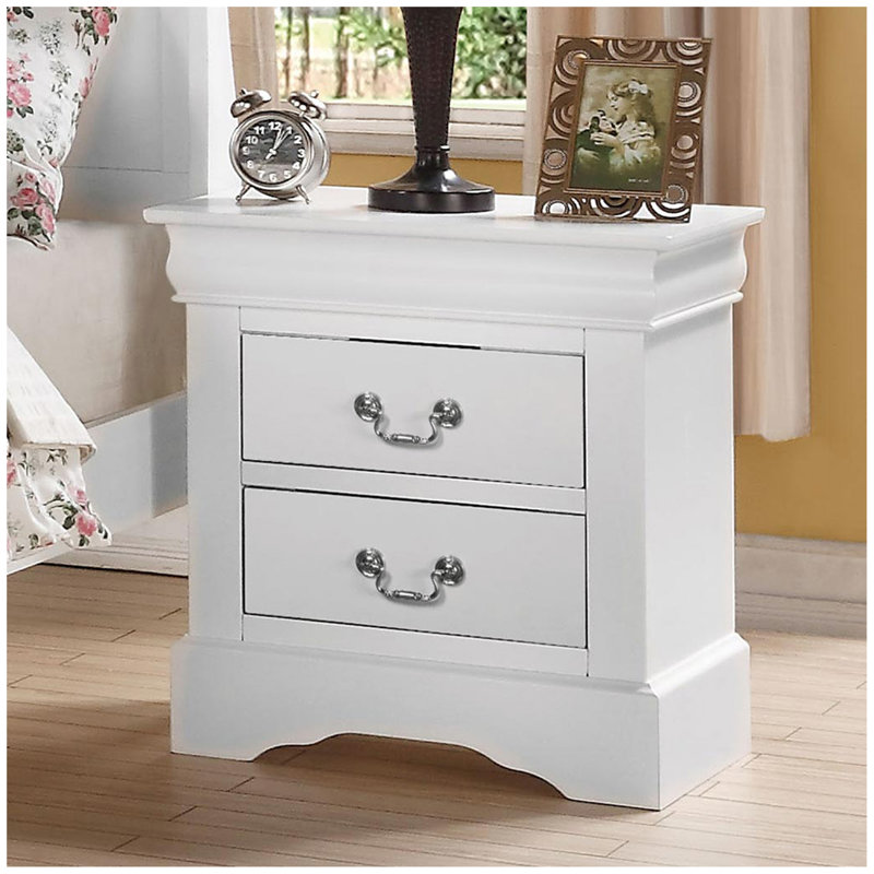 2 Drawers Solid Pine Nightstand in White Finish