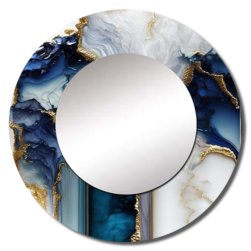 Odysseas abstrait géode blanc et bleu marbre I - miroir décoratif en marbre, miroir mural rond moderne, art imprimé en métal