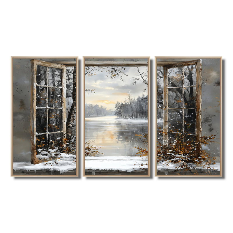 Frosty Dawn Winter Windows Scenery II - Ensemble de décorations murales paysage d'hiver, Toile naturelle avec cadre flottant