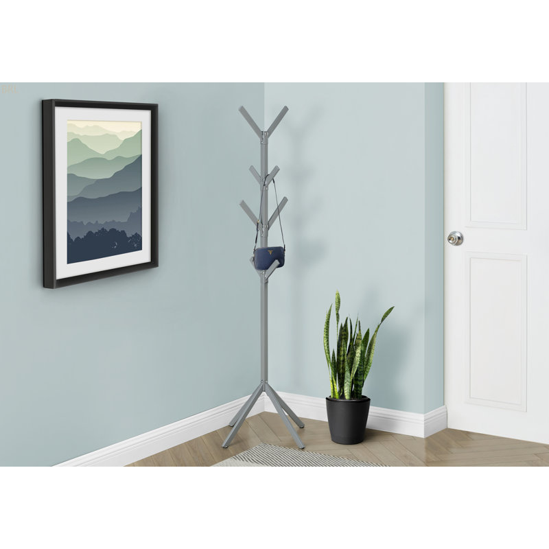 Coat Rack, Hall Tree, Free Standing, 8 Hooks, Silver