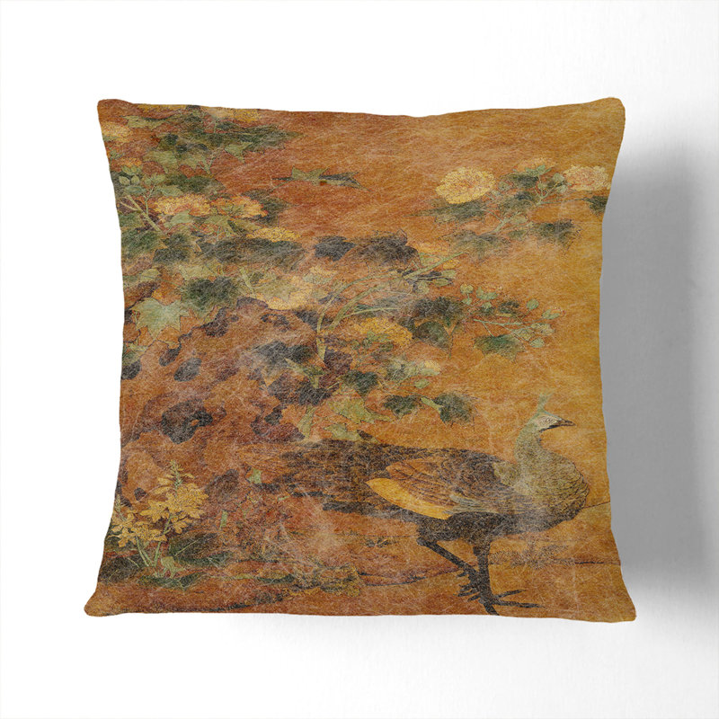 Peacock and Hollyhocks by Bian Lu Cushion with Filling, 40cm H x 40cm W x 15cm D, Stone