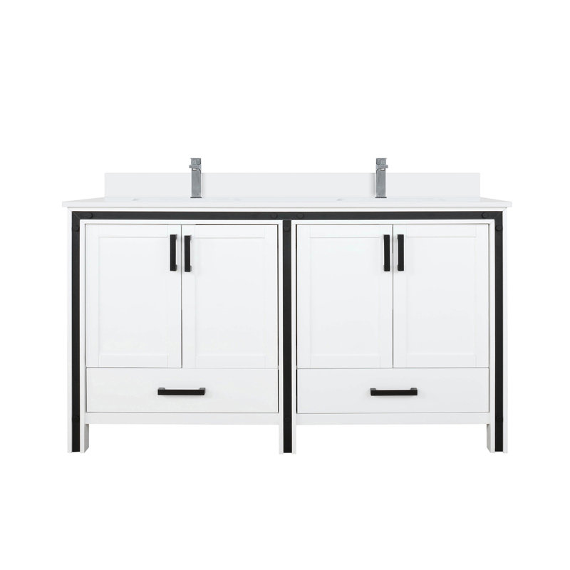 Ensemble de meuble-lavabo double avec comptoir en quartz blanc et robinet, Blanc