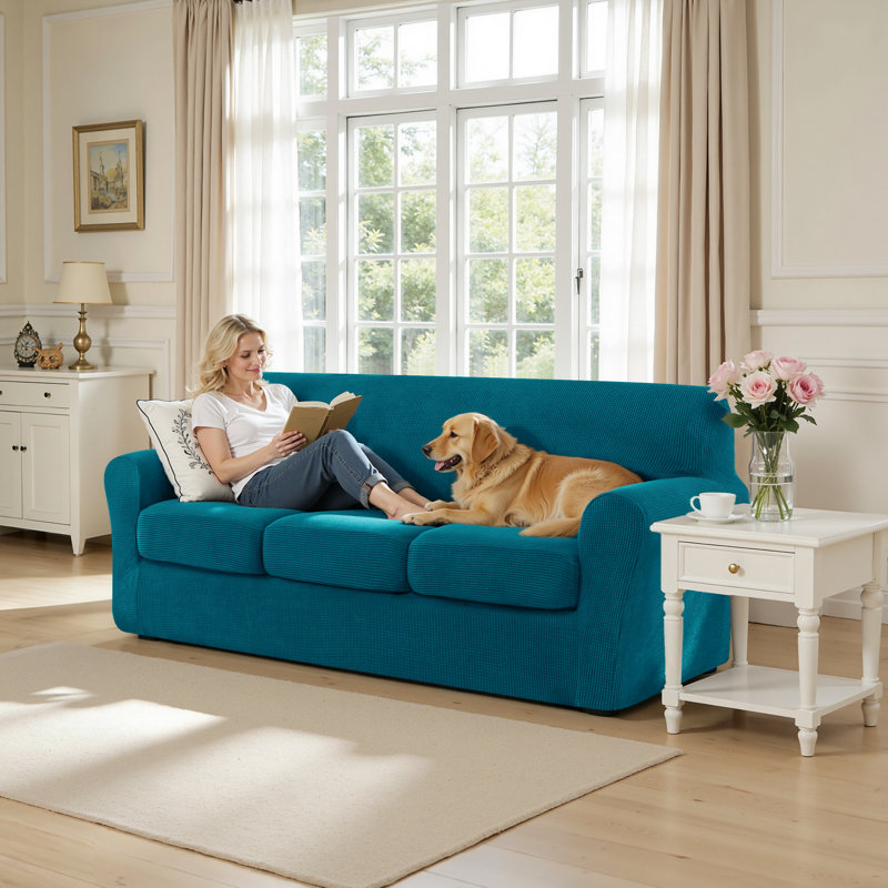 Housse de canapé en jacquard extensible 4 pièces, housse pour canapé pour 3 coussins, protecteur de meubles lavable à la machine (canapé, turquoise)