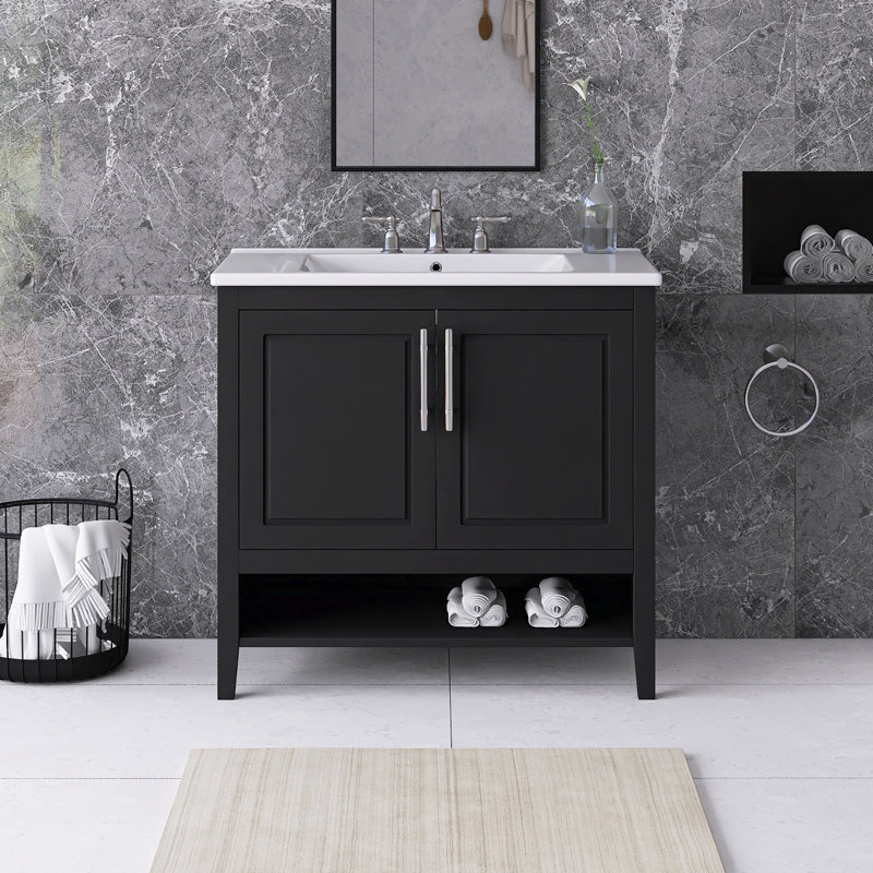 Ensemble de meuble-lavabo autoportant 36 po avec comptoir en céramique 36 po, Noir, 36"