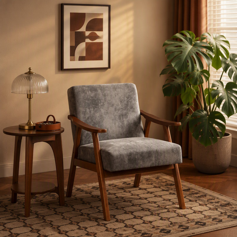 Chaise d'appoint avec revêtement en microfibre et structure en bois massif, parfaite pour ajouter style et confort à tout espace de vie moderne Mid-Century