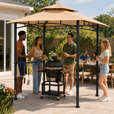 Pavillon de jardin 8 x 5 pi avec toit ventilé à deux niveaux, structure et tablettes en acier robuste, abri de barbecue portatif avec crochets et piquets de sol, kaki