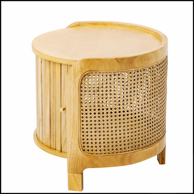 Table basse ronde pivotante moderne en rotin avec rangement dissimulé, idéale pour les espaces de vie élégants et fonctionnels.
