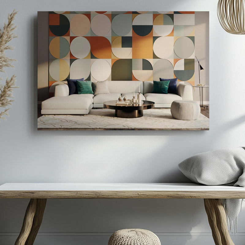 Toile, un salon moderne avec une murale géométrique saisissante avec des cercles superposés et des formes rectangulaires dans des teintes d'art mural