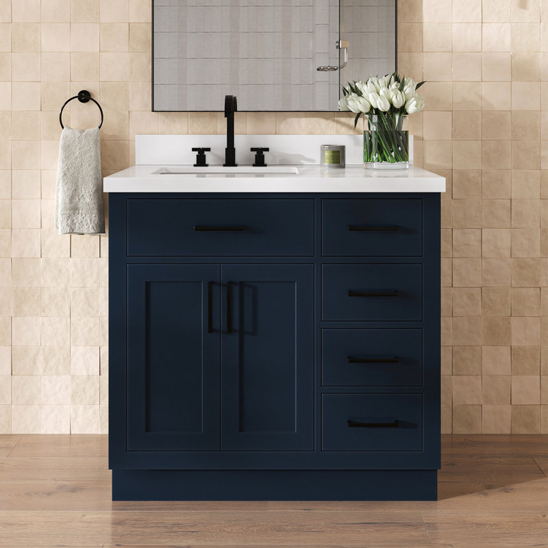 Meuble-lavabo simple en bois massif 36 po Tidworth avec plateau en quartz 1,5 po, Bleu minuit, Forme rectangulaire, Gauche