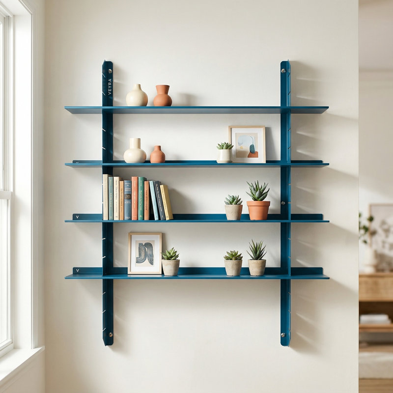 Adjustable Metal Floating Shelf Unit, Industrial Wall Mounted Display Rack, 4 Shelves, Blue