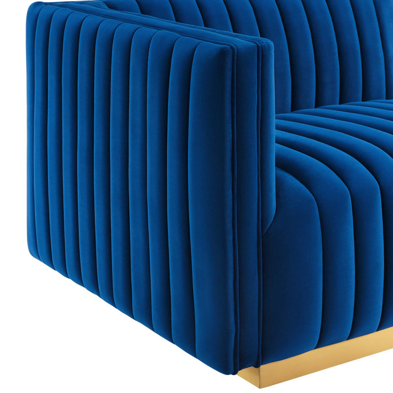 Conjure Channel Tufted Sofa by Modway, Gold, Navy Velvet, 28" H x 155" W x 36.5" D