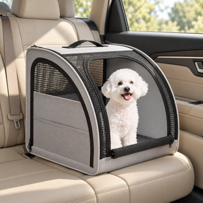 Foldable Pet Car Seat Carrier – 19.7" Soft-Sided Dog Car Crate with Breathable Mesh, Seatbelt & Headrest Straps, 3 Access Doors, Removable Washable Mat, for Cats & Small to Medium Dogs (Grey / Beige)