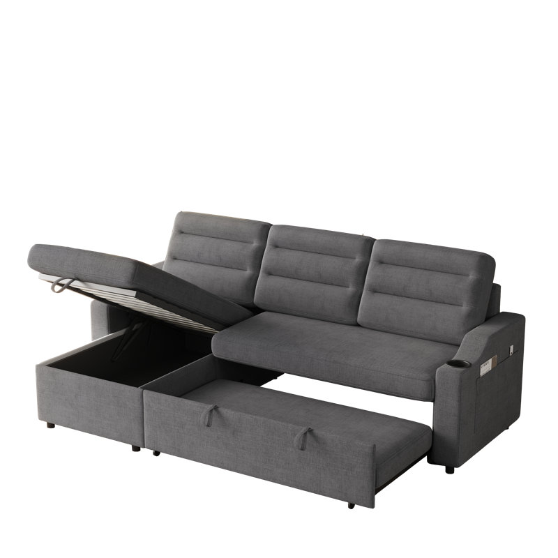 Canapé-lit convertible avec méridienne réversible Sylvanis, Tissu gris foncé
