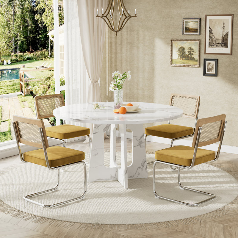 47 Inch Farmhouse Round Dining Kitchen Table Set for 4, 5 Pieces: Table, 4 Chairs, White, Yellow
