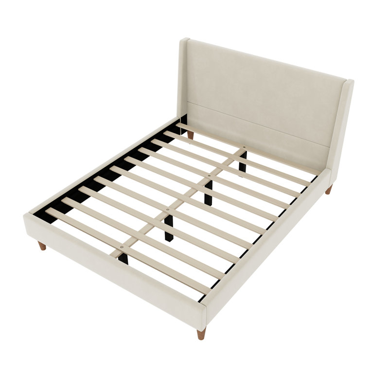 Lit plateforme tapissier avec tête de lit à oreilles, Beige, Grand lit