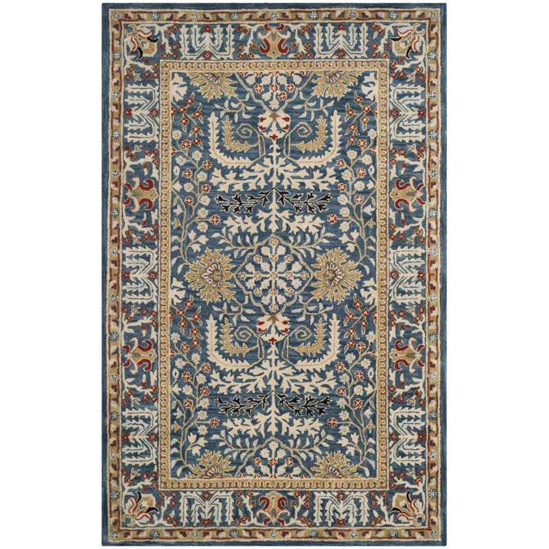Armintha Oriental Wool Dark Blue Area Rug, Rectangle 6' x 9'