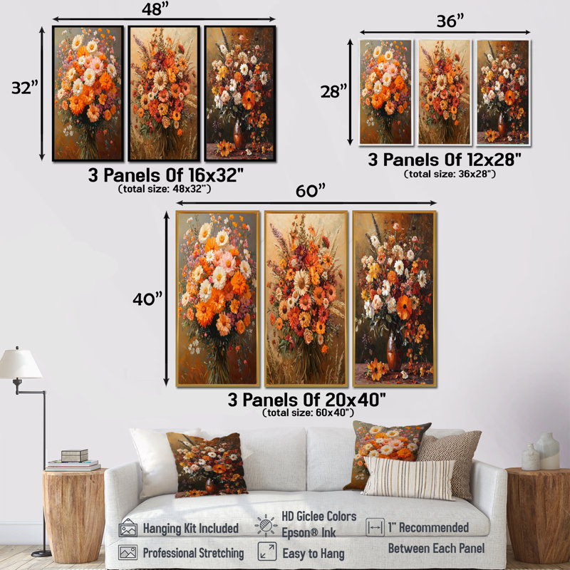 Assortiment de bouquets d'automne symphonique brun - Collection d'art mural traditionnel, Toile tendue, H 28 po x l 36 po