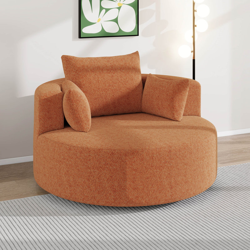 Fauteuil pivotant désossé à 360 °, fauteuil demi-tonneau en tissu chenille, fauteuil pivotant rond avec 3 coussins amovibles