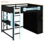 Lit mezzanine double en bleu, bureau, garde-robe ouverte, luminaire intégré, coffre-fort, pour dormir, bureau et jouer-130156079