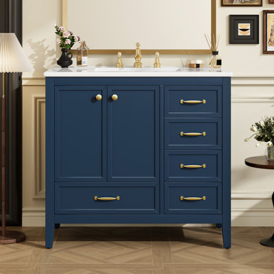 Meuble-lavabo bleu de 36 pouces avec lavabo en céramique teinté, structure et pieds en bois massif, système de tiroirs, pour faciliter la plomberie, porte lisse à conception de rangement multiple, 4 tiroirs, rangement, un paquet,