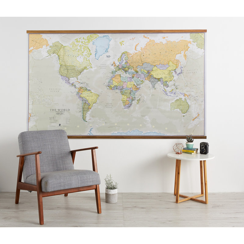 Classic World Map - Print, Laminated with Wooden Hanging bars, 117 cm H x 197 cm W x 5 cm D