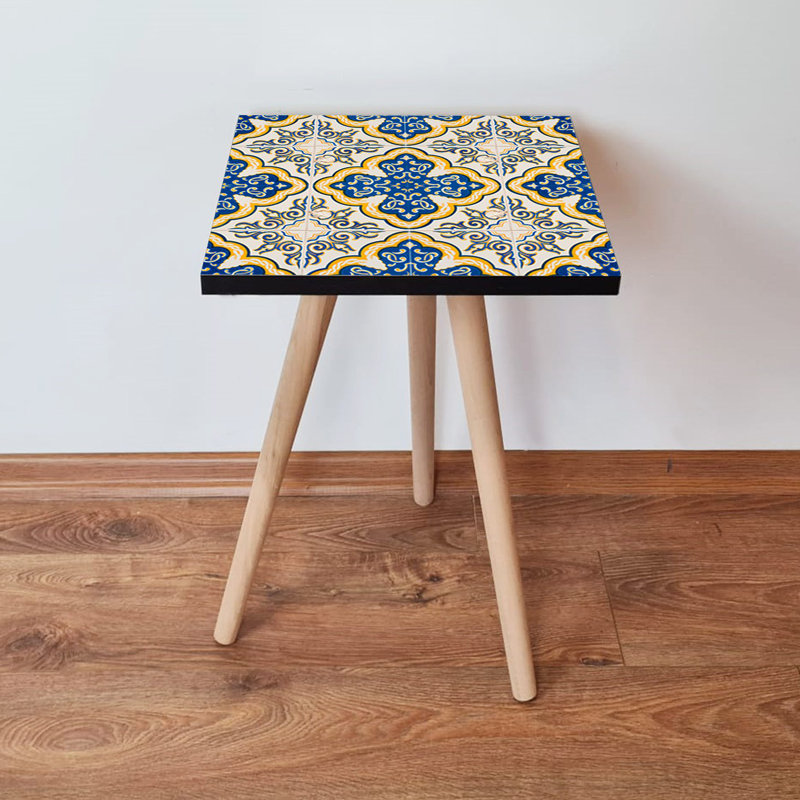 Elegant Side Table with Beech Wood Legs, 13.8 x 16.5 x 13.8 inches | 100% MDF Construction, Thickness: 0.7 inches | Ethnic Geometric Design Perfect for Living Room, Bedroom & Modern Décor