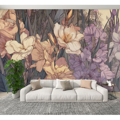 Papier peint adhésif à peler et coller à l'aube tranquille, fleurs sauvages, feuillage vert, botanique, peintures murales, H 69 po x l 96 po, papier peint amovible en PVC, autocollant pour chambre à coucher, bureau à domicile