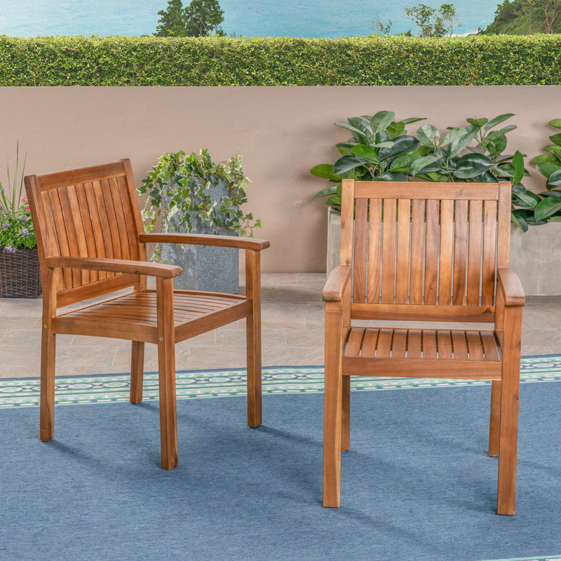 Teak Finish Acacia Wood Outdoor Dining Chairs, Set of 2