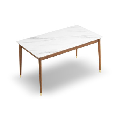 55.12" White+Nut-brown Rectangular Stone+Solid Wood Butterfly Leaf  Dining Table