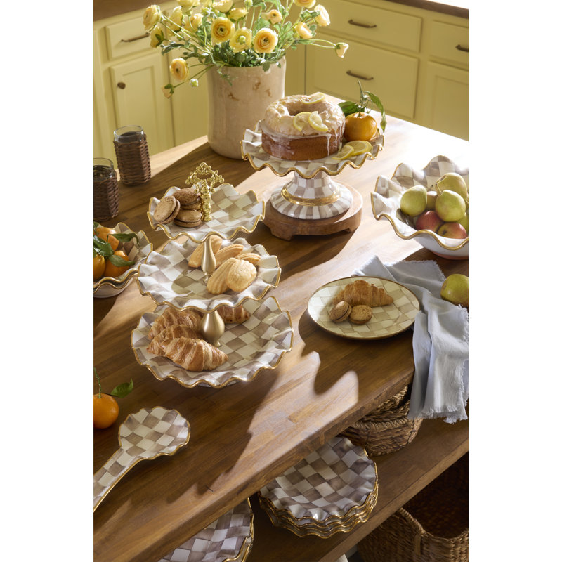 Mocha Check Ceramic Fluted Cake Stand