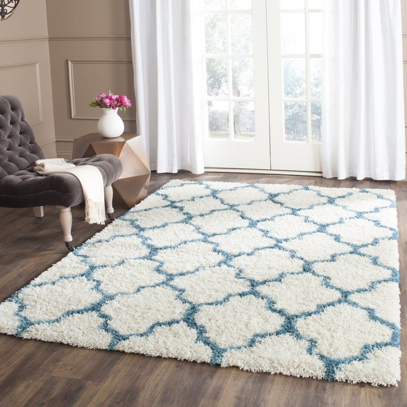 Tapis ivoire / bleu sarcelle à motif géométrique Alvarez, Rectangle 8 pi 6 po x 12 pi